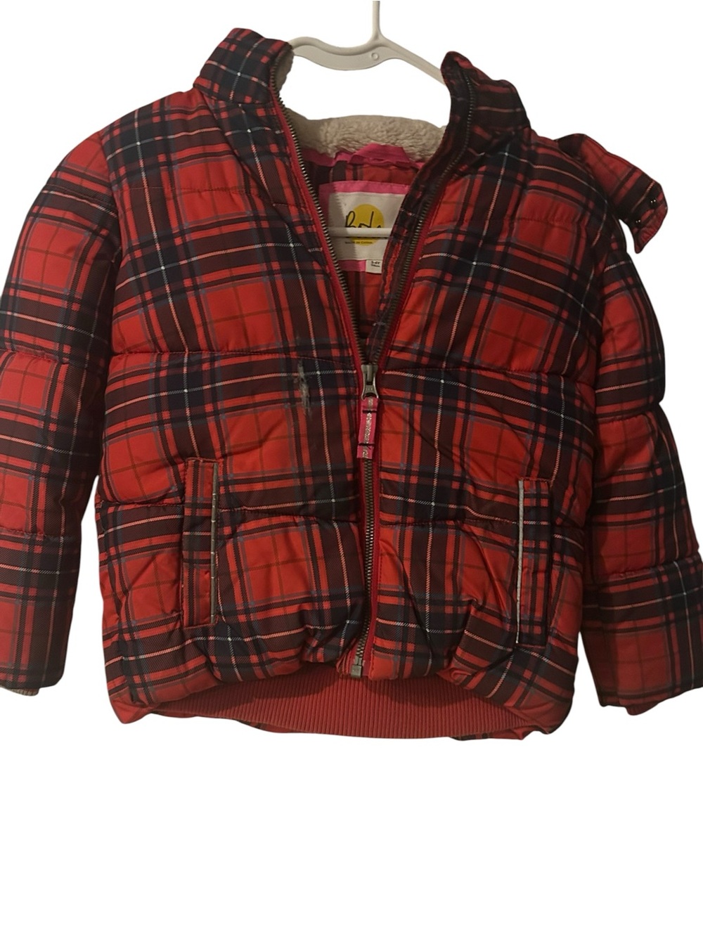 Boden Children's Red Plaid Puffer Jacket - Cozy Winter Coat size 5-6